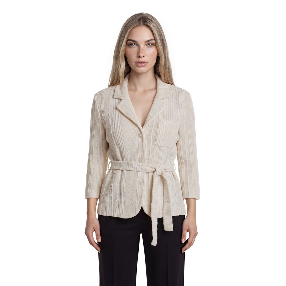 Tibi Knit Blazer Women's Size Small Cream Striped Metallic Belted Jacket